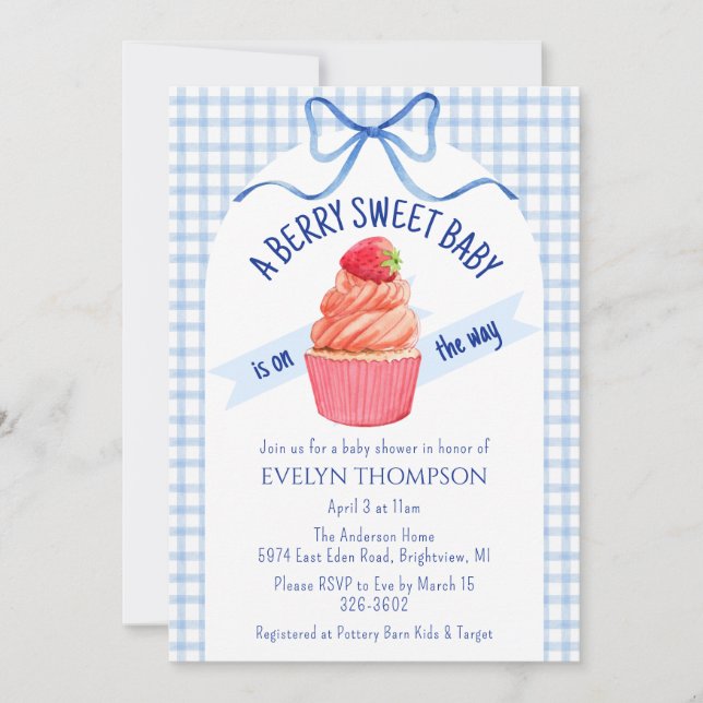 Invitation 003 Cobalt Blue Berry Sweet Strawberry Baby Shower (Devant)