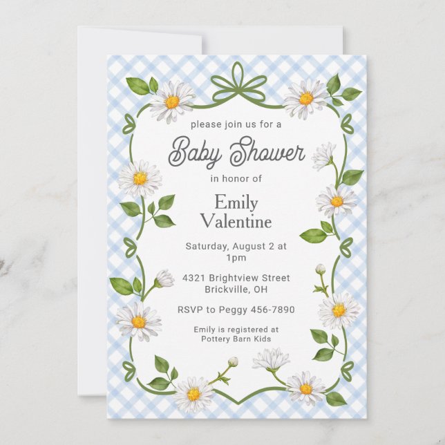 Invitation 003 Cobalt Blue Floral Daisy Plaid Baby Shower (Devant)