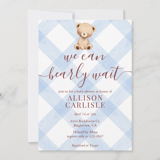 Invitation 003 Cobalt Blue Teddy Bear Gingham Baby Shower (Devant)
