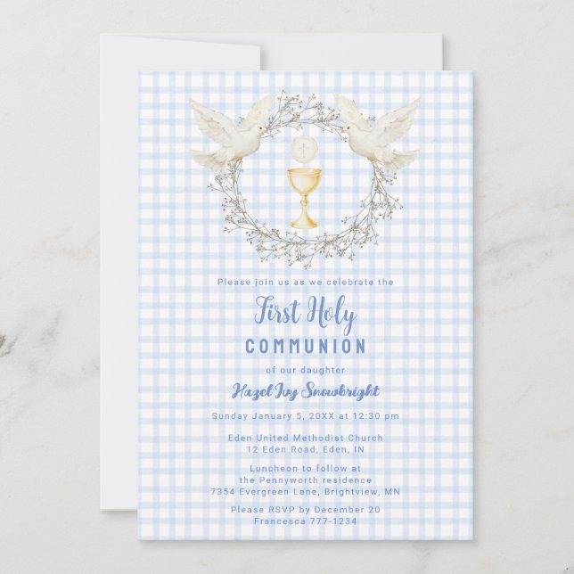 Invitation 003 Cobalt Colombe & Calice Vichy 1ère Communion (Devant)