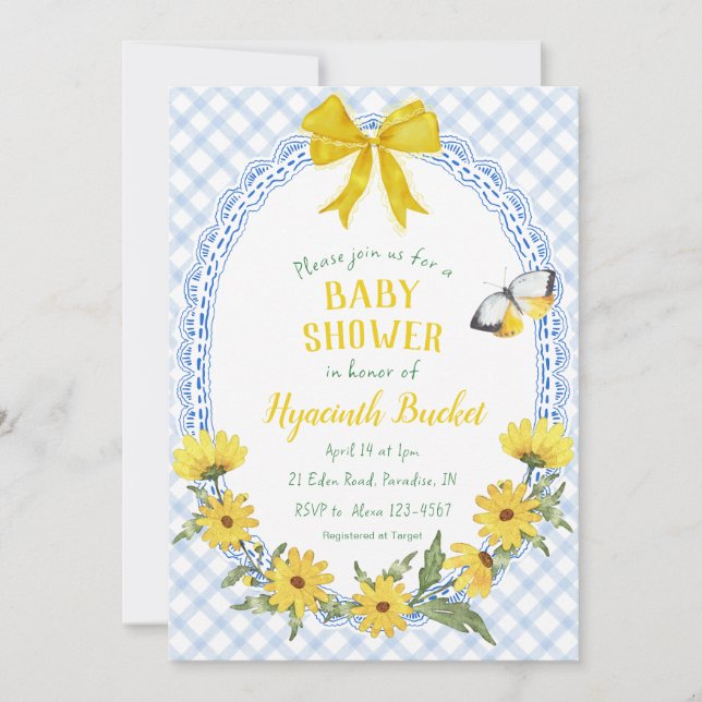 Invitation 003 Cobalt Jaune Daisy Noeud Gingham Baby Shower (Devant)