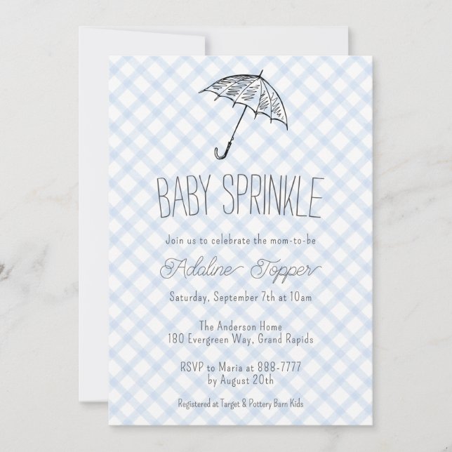 Invitation 003 Cobalt Modern Umbrella Baby Sprinkle Gingham (Devant)