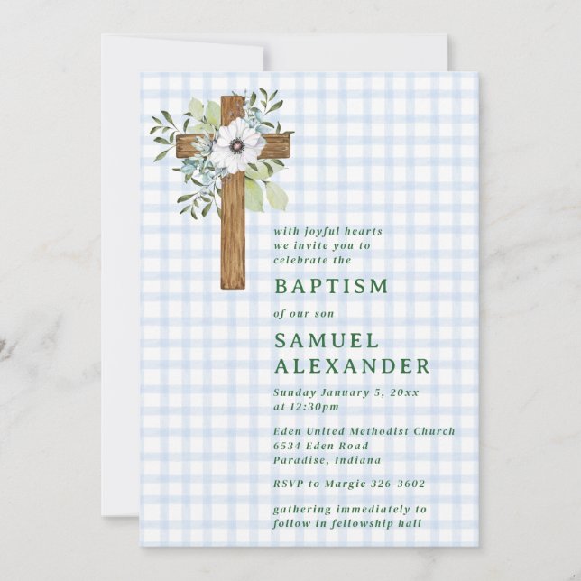 Invitation 003 Coblalt Rustique Verdure Croix en Bois Baptême (Devant)