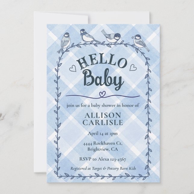 Invitation 003 Gingham Oiseaux Aquarelle Baby Shower (Devant)