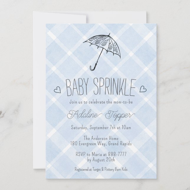 Invitation 003 Parapluie Plaid Cobalt Bébé Sprinkle Shower (Devant)