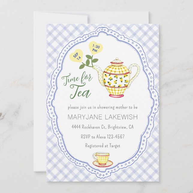 Invitation 004 Baby Shower Tea Party Bébé Fille Gingham Bleu  (Devant)