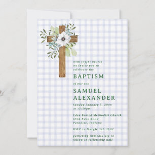 Invitation 004 Croix en bois rustique indigo baptême