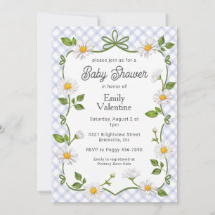 Invitation 004 Indigo Bleu Floral Daisy Carreaux Baby Shower