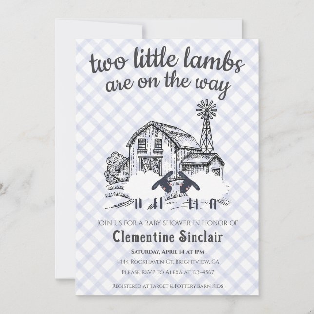 Invitation 004 Indigo Bleu Petits Agneaux Gingham Baby Shower (Devant)