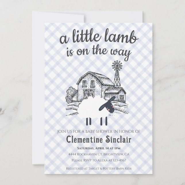 Invitation 004 Indigo Blue A Little Lamb Gingham Baby Shower (Devant)