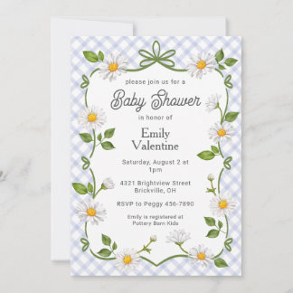 Invitation 004 Indigo Blue Floral Daisy Plaid Baby Shower