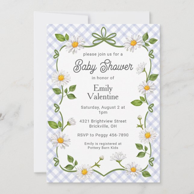 Invitation 004 Indigo Blue Floral Daisy Plaid Baby Shower (Devant)