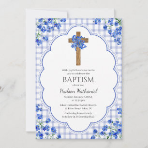 Invitation 004 Indigo Fleurir Croix Rustique Design Baptême