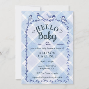 Invitation 004 Indigo Gingham Aquarelle Oiseaux Baby Shower