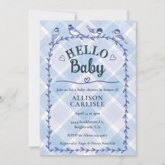 Invitation 004 Indigo Gingham Aquarelle Oiseaux Baby Shower