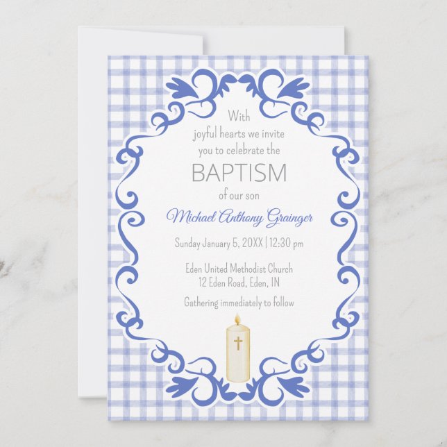 Invitation 004 Indigo Rouleau Gingham Croix Bougie Baptême (Devant)