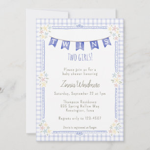 Invitation 004 Jumeaux Fleuris à Carreaux Bleu Indigo Baby Sh