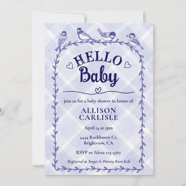Invitation 005 Iris Aquarelle Gingham Oiseaux Baby Shower (Devant)