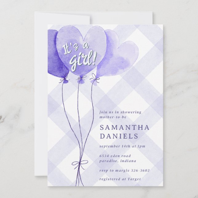 Invitation 005 Iris Cœur Violet Ballon Gingham Baby Shower (Devant)