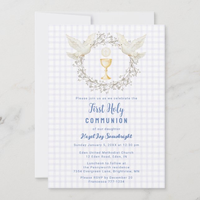 Invitation 005 Iris Dove & Chalice Gingham 1ère Communion (Devant)