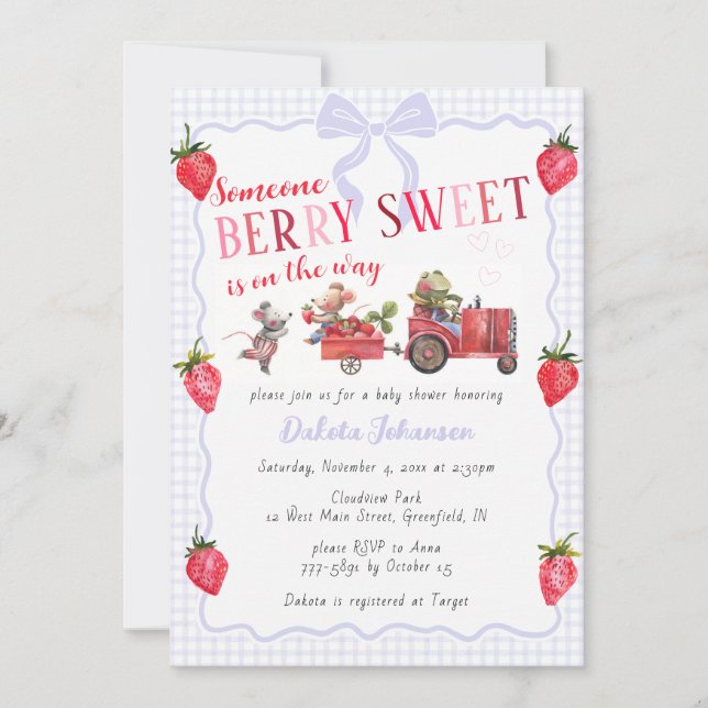 Invitation 005 Iris Gingham Berry Sweet Baby Shower à la Ferm (Devant)