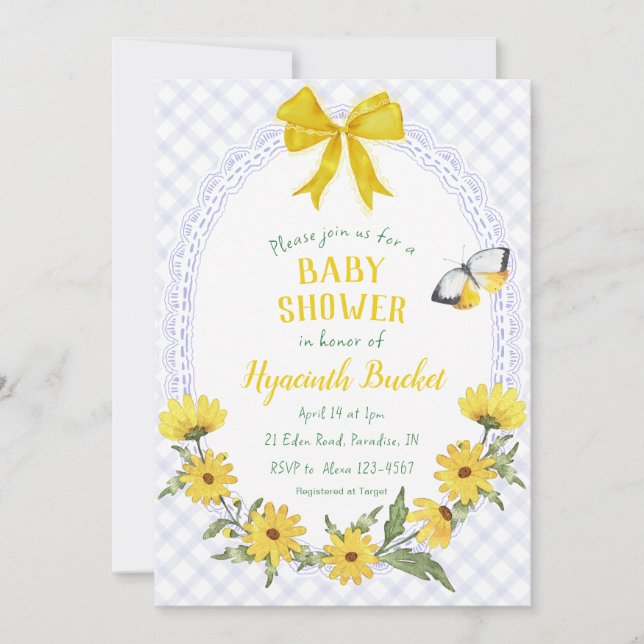 Invitation 005 Iris Jaune Daisy Noeud Gingham Baby Shower (Devant)