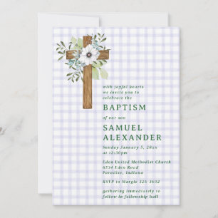 Invitation 005 Iris Rustique Feuillage Croix en Bois Baptême