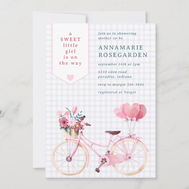 Invitation 005 Iris Violet Douce Fleur Fille Vélo Baby Shower (Devant)