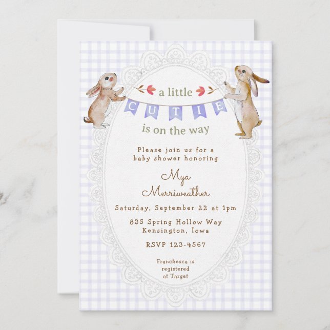 Invitation 005 Iris Violet Lapin Doux Gingham Baby Shower (Devant)