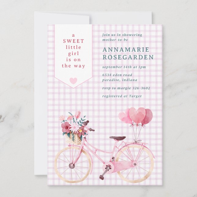 Invitation 006 Fille vélo bébé shower vin pourpre doux floral (Devant)