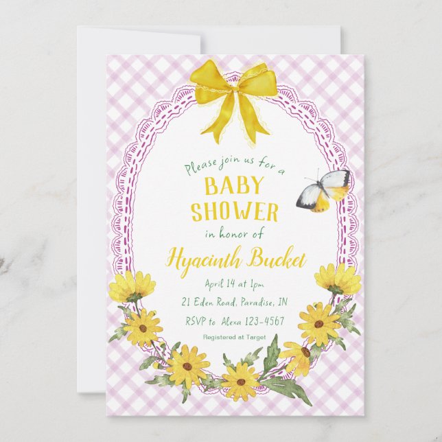 Invitation 006 Jaune de vin Daisy noeud papillon Gingham Baby (Devant)