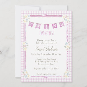 Invitation 006 Twins Fillettes Floral Gingham Violet Fête Pré