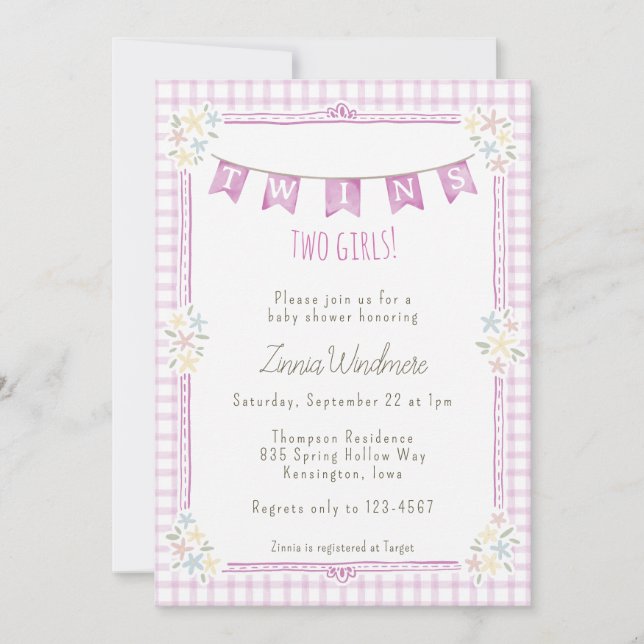 Invitation 006 Twins Fillettes Floral Gingham Violet Fête Pré (Devant)