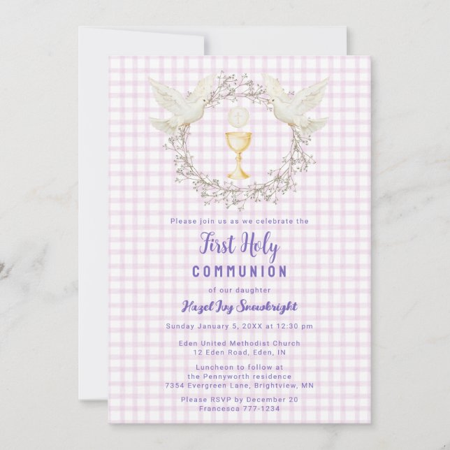 Invitation 006 Vin Colombe & Calice Gingham 1ère Communion (Devant)