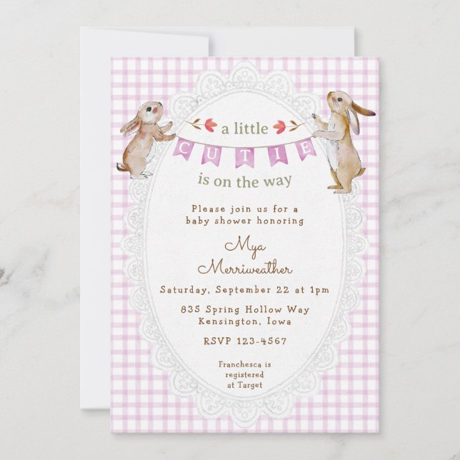 Invitation 006 Vin Pourpre Doux Lapin Gingham Baby Shower (Devant)