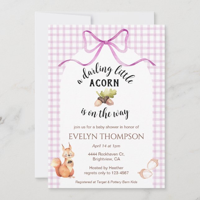Invitation 006 Wine Cute Squirrel Acorn Gingham Baby Shower (Devant)