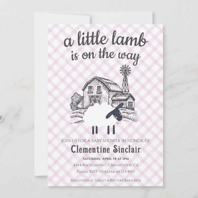Invitation 006 Wine Purple A Little Lamb Gingham Baby Shower (Devant)