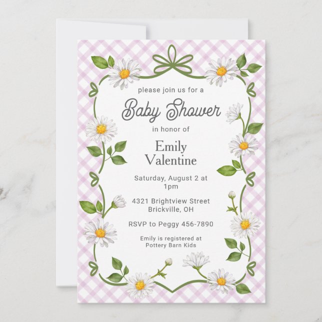 Invitation 006 Wine Purple Floral Daisy Plaid Baby Shower (Devant)