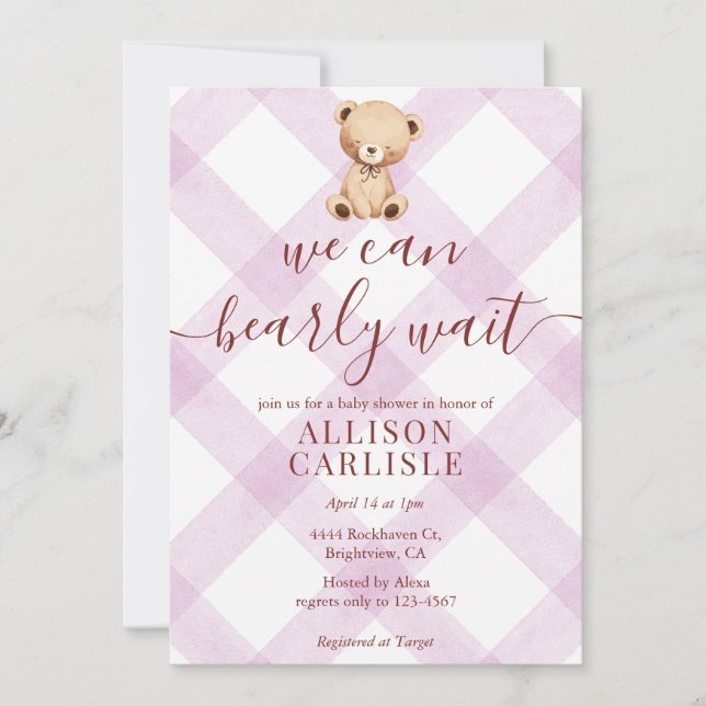 Invitation 006 Wine Purple Teddy Bear Gingham Baby Shower (Devant)
