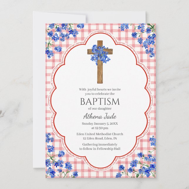 Invitation 007 Fleur de rouille rustique croix design baptême (Devant)