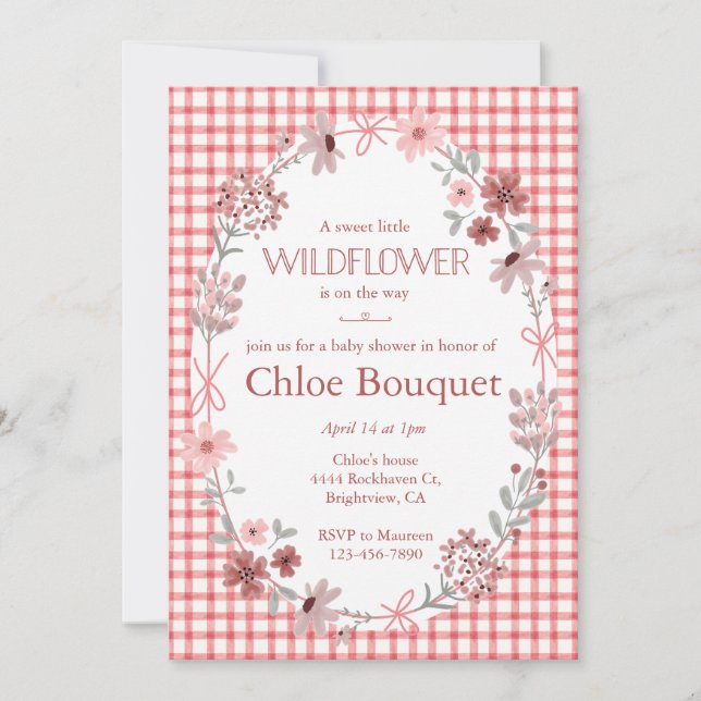 Invitation 007 Red Boho Wildflower Bow Gingham Baby Shower (Devant)