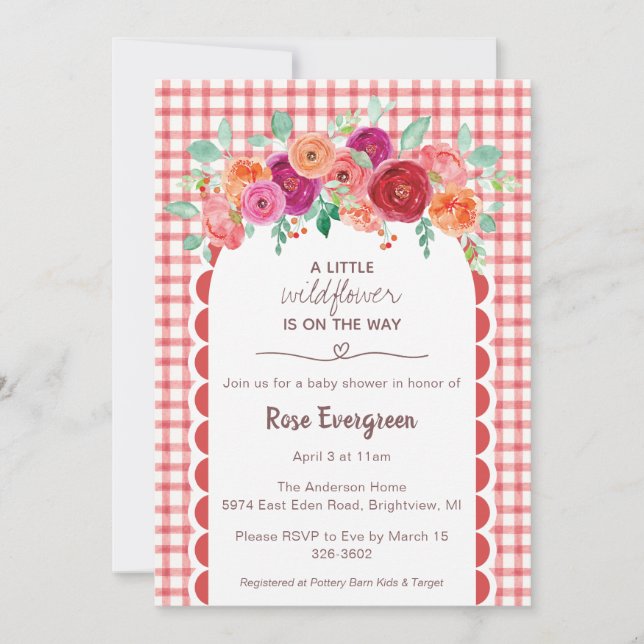 Invitation 007 Red Gingham Watercolor Wildflower Baby Shower (Devant)