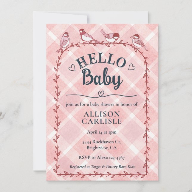 Invitation 007 Red Watercolor Gingham Birds Baby Shower (Devant)