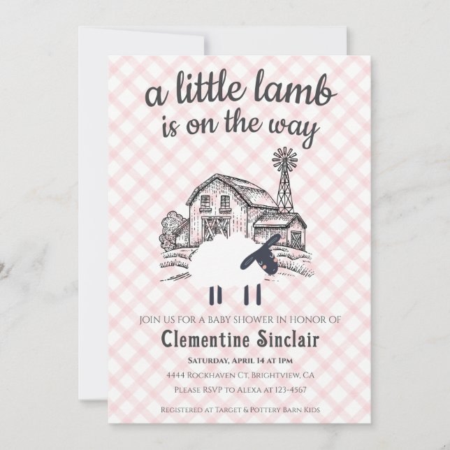 Invitation 008 Blush A Little Lamb Farm Gingham Baby Shower (Devant)