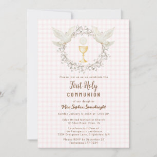Invitation 008 Blush Dove & Chalice Gingham Première Communio