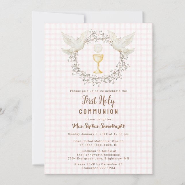 Invitation 008 Blush Dove & Chalice Gingham Première Communio (Devant)