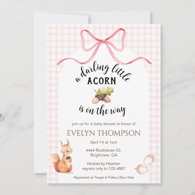 Invitation 008 Blush Pink Squirrel Acorn Gingham Baby Shower (Devant)