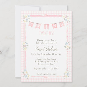 Invitation 008 Twins Fleur rose saumon à carreaux Baby Shower