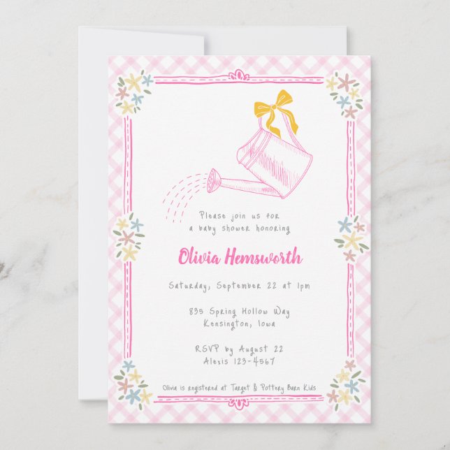 Invitation 009 Arrosoir Gingham Rose Fuchsia Baby Shower (Devant)