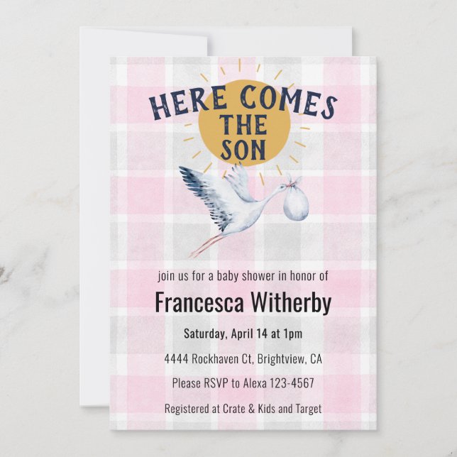 Invitation 009 Fuchsia 020 Fog Sun Plaid Stork Baby Shower (Devant)